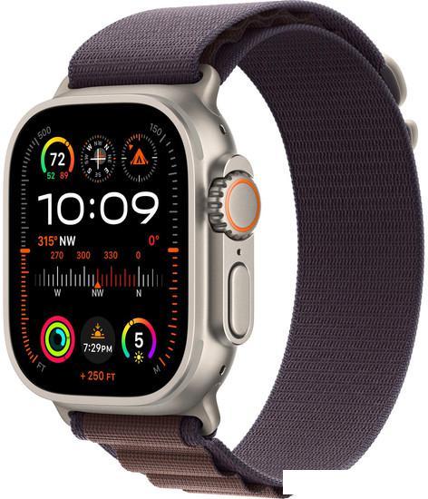 Умные часы Apple Watch Ultra 2 LTE 49 мм (титановый корпус, титановый/индиго, текстильный ремешок размера M) - фото 1 - id-p225463397