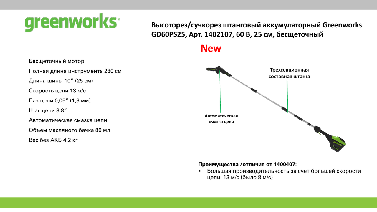 Высоторез/Сучкорез аккумуляторный GreenWorks GD60PST25 60В шина25см бесщеточный (в комплекте с АКБ 4 а/ч и ЗУ) - фото 7 - id-p225463235