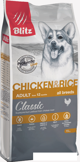 Сухой корм для собак Blitz Classic Adult All Breeds Chicken & Rice (с курицей и рисом) 15 кг - фото 1 - id-p225268552