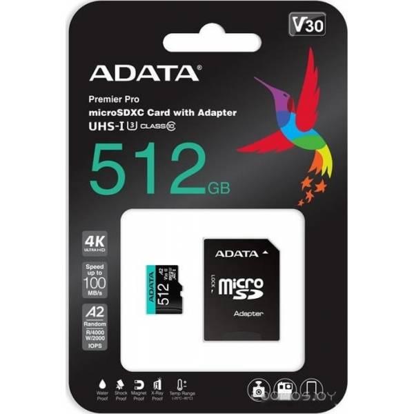 Карта памяти A-Data Premier Pro AUSDX512GUI3V30SA2-RA1 microSDXC 512GB (с адаптером) - фото 4 - id-p225491871