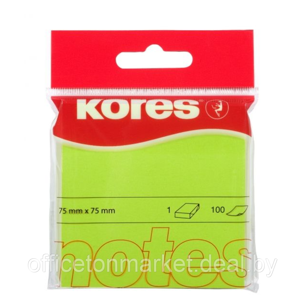 Бумага для записей на клейкой основе "Kores", 75x75 мм, 100 листов, зеленый неон - фото 1 - id-p137118636