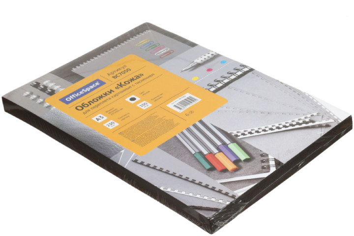 Обложки для переплета картонные OfficeSpace (А3) А3, 100 шт., 230 г/м2, черные, тиснение «под кожу» - фото 1 - id-p225412832