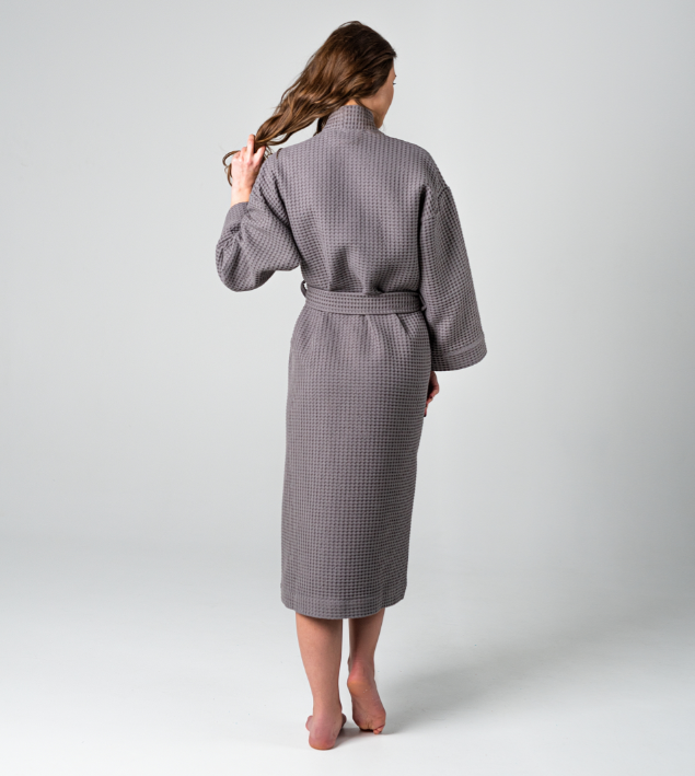 Хлопковый вафельный женский халат (100% хлопок). Серый - фото 3 - id-p225501537