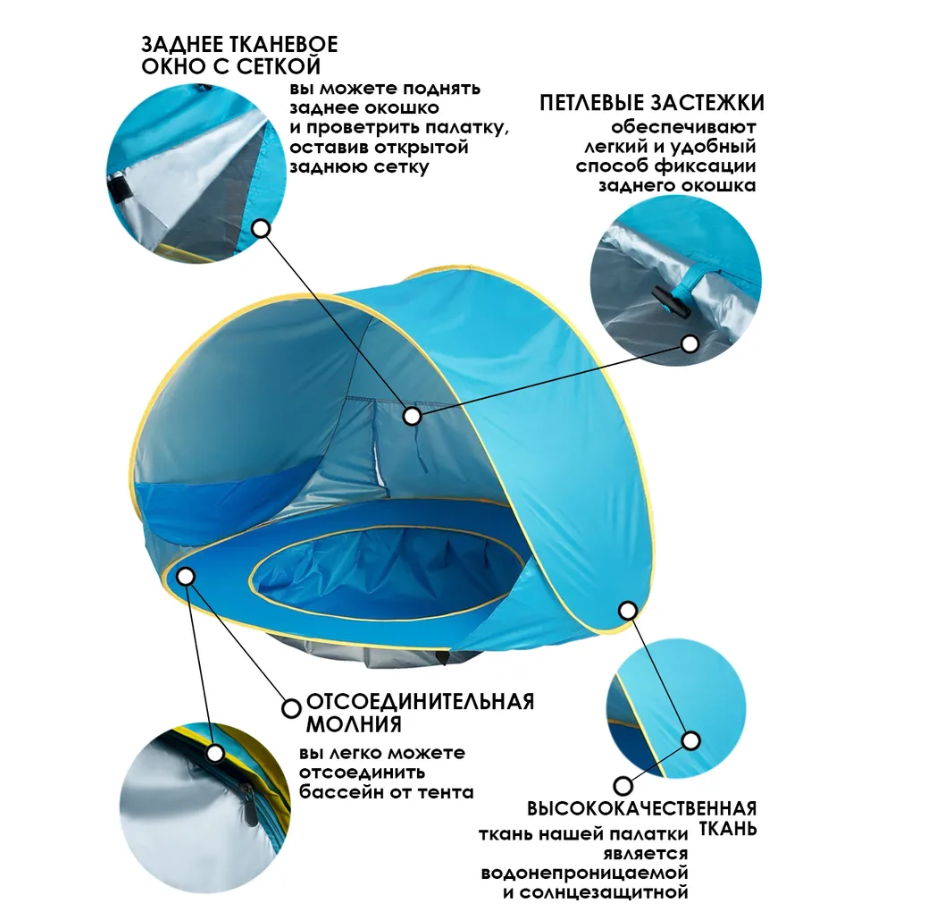 Детская палатка - домик с бассейном / Тент игровой с защитой от солнца самораскладывающийся 120 х 80 х 70 см. - фото 7 - id-p225504686