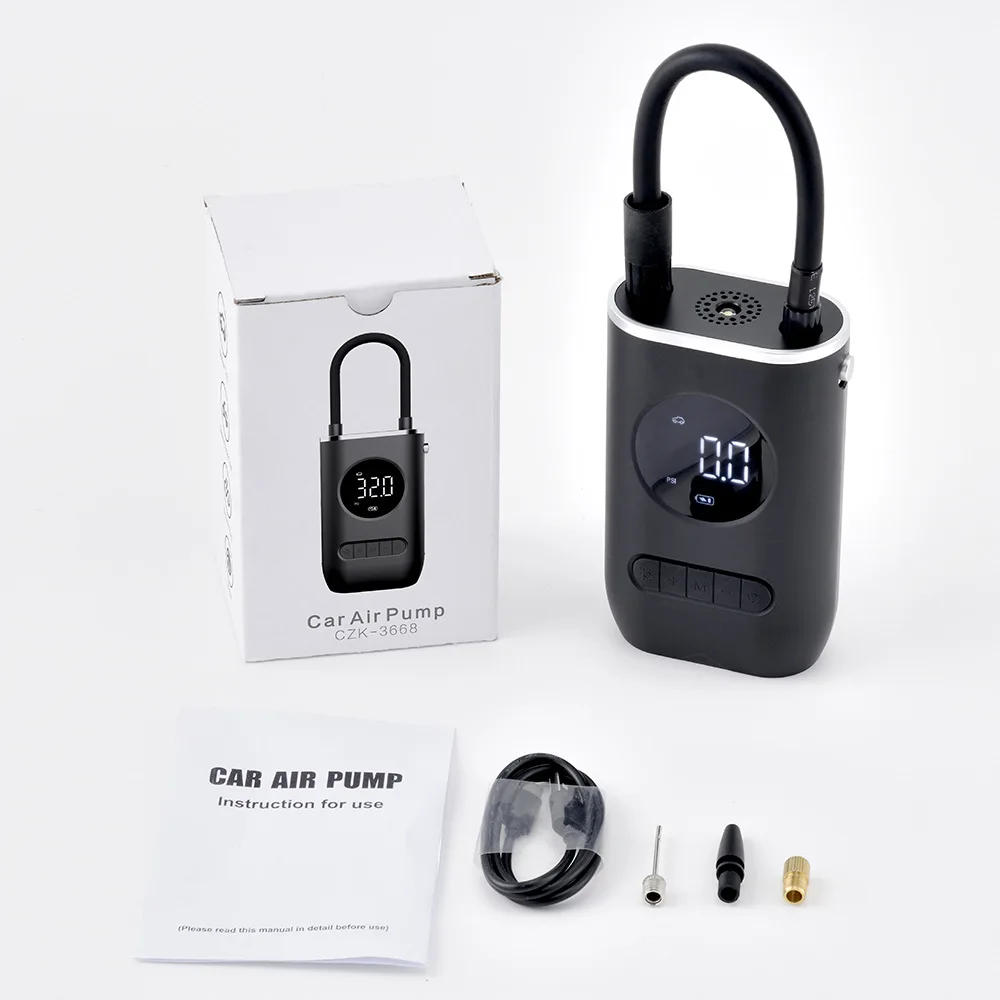 Беспроводной портативный автомобильный компрессор CAR Air Pump CZK-3668 (USB, 4 насадки, LED-дисплей, фонарь) - фото 10 - id-p225505680
