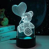 Ночник 3Д, ночник мишка с сердцем