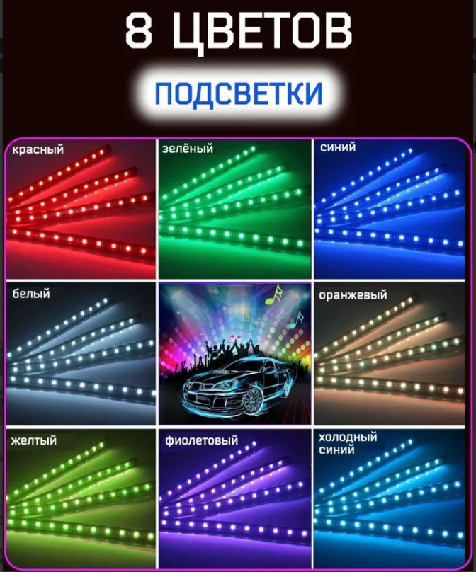 Универсальная светодиодная RGB led подсветка салона с контроллером и датчиком музыки для автомобиля Automobile - фото 4 - id-p225503858