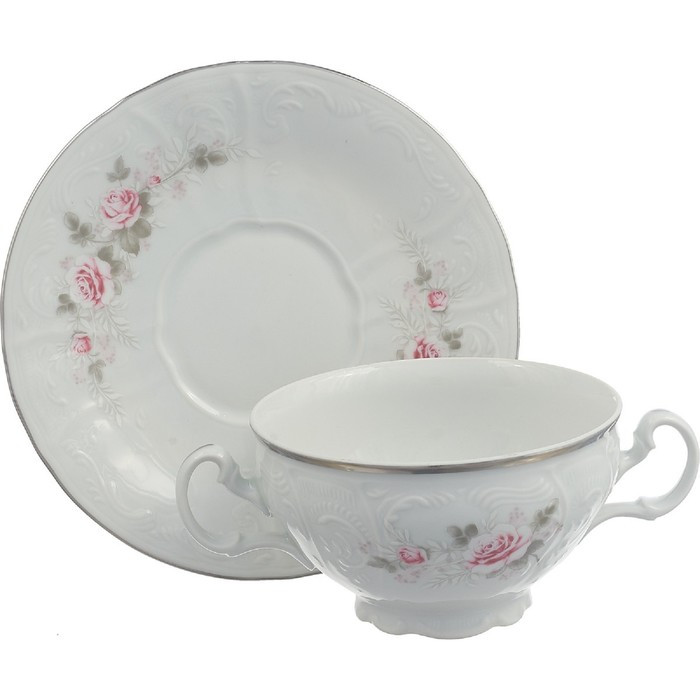 Чашка с блюдцем для бульона Bernadotte, декор «Бледные розы, отводка платина» - фото 1 - id-p225506416
