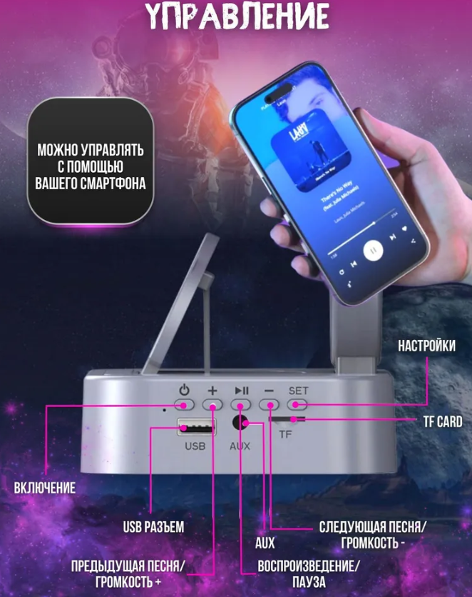 Светодиодная Bluetooth колонка-ночник с астронавтом с функцией беспроводной зарядки, подсветкой, радио и часам - фото 4 - id-p225504350