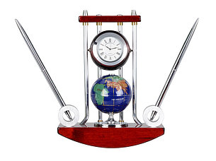 Настольный прибор Сенатор: часы с глобусом, две ручки на подставке, фото 2
