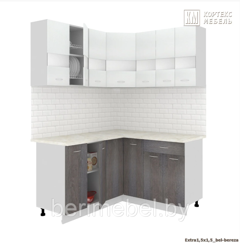 Кухня Корнелия Экстра угловая 1,5х1,5м белый/береза КОРТЕКС