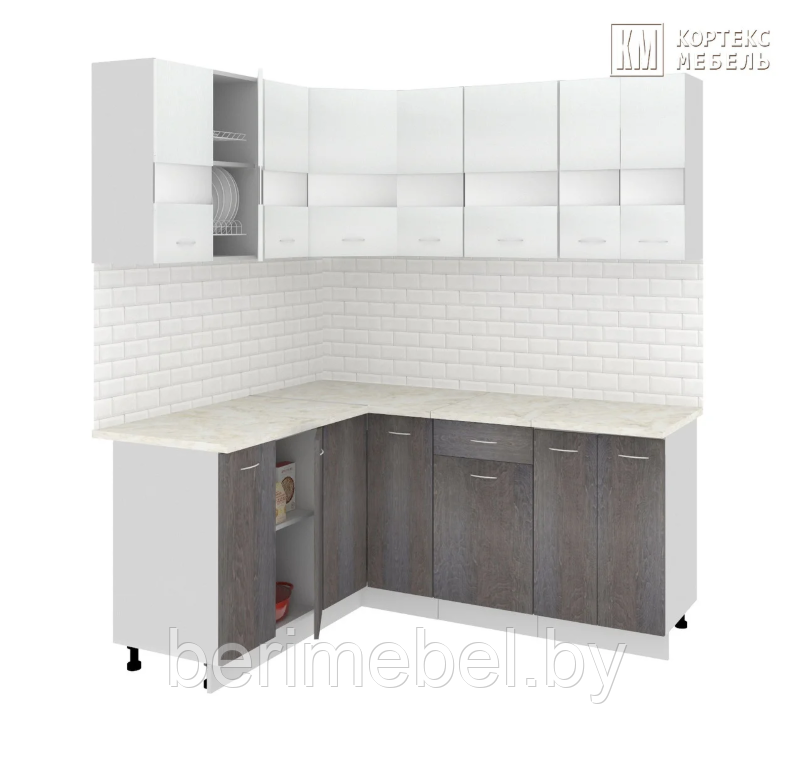 Кухня Корнелия Экстра угловая 1,5х1,8м, Белый/Берёза КОРТЕКС