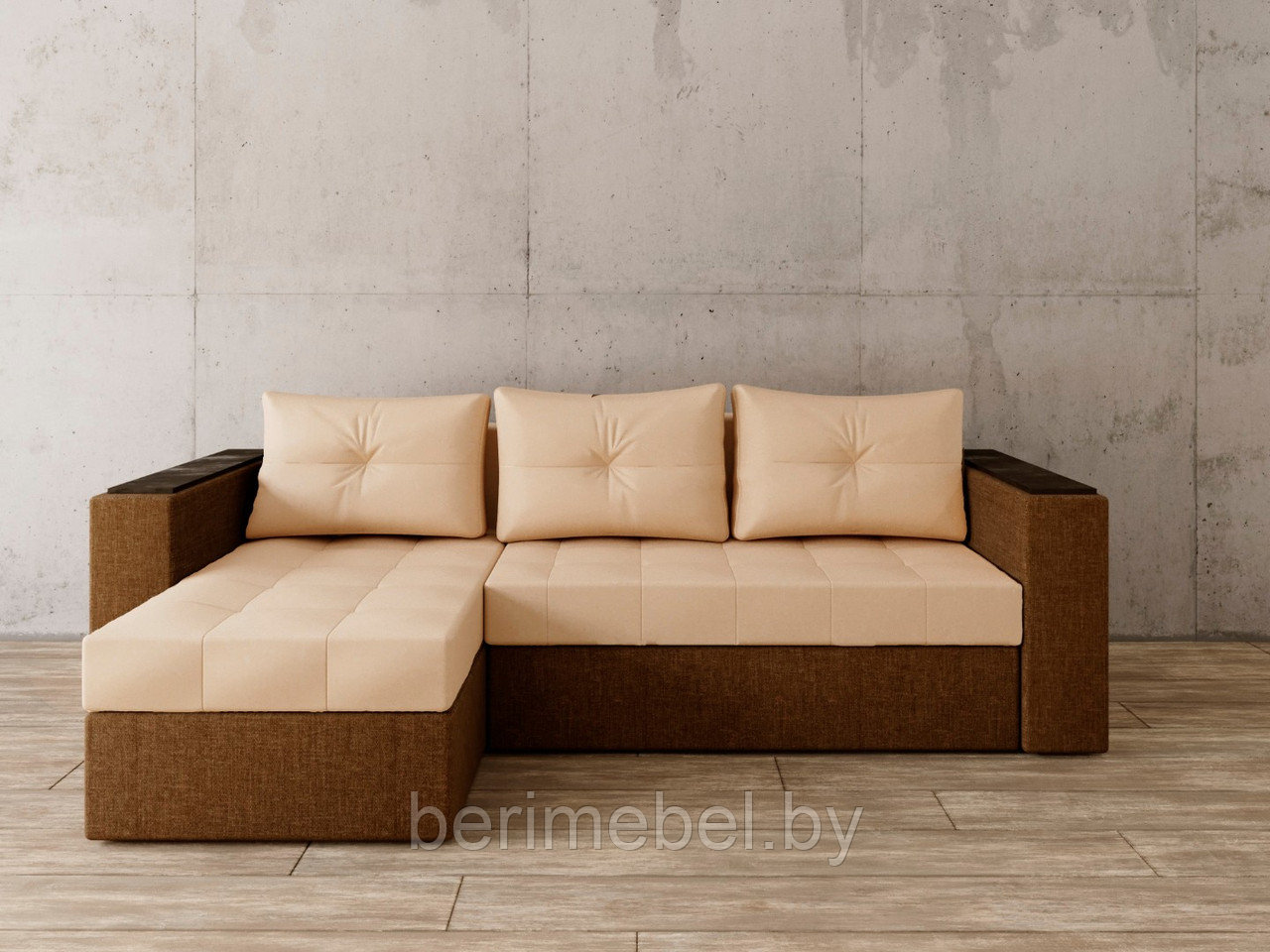 Угловой диван Константин с декором бежевая экокожа/коричневая рогожка - фото 1 - id-p149262343