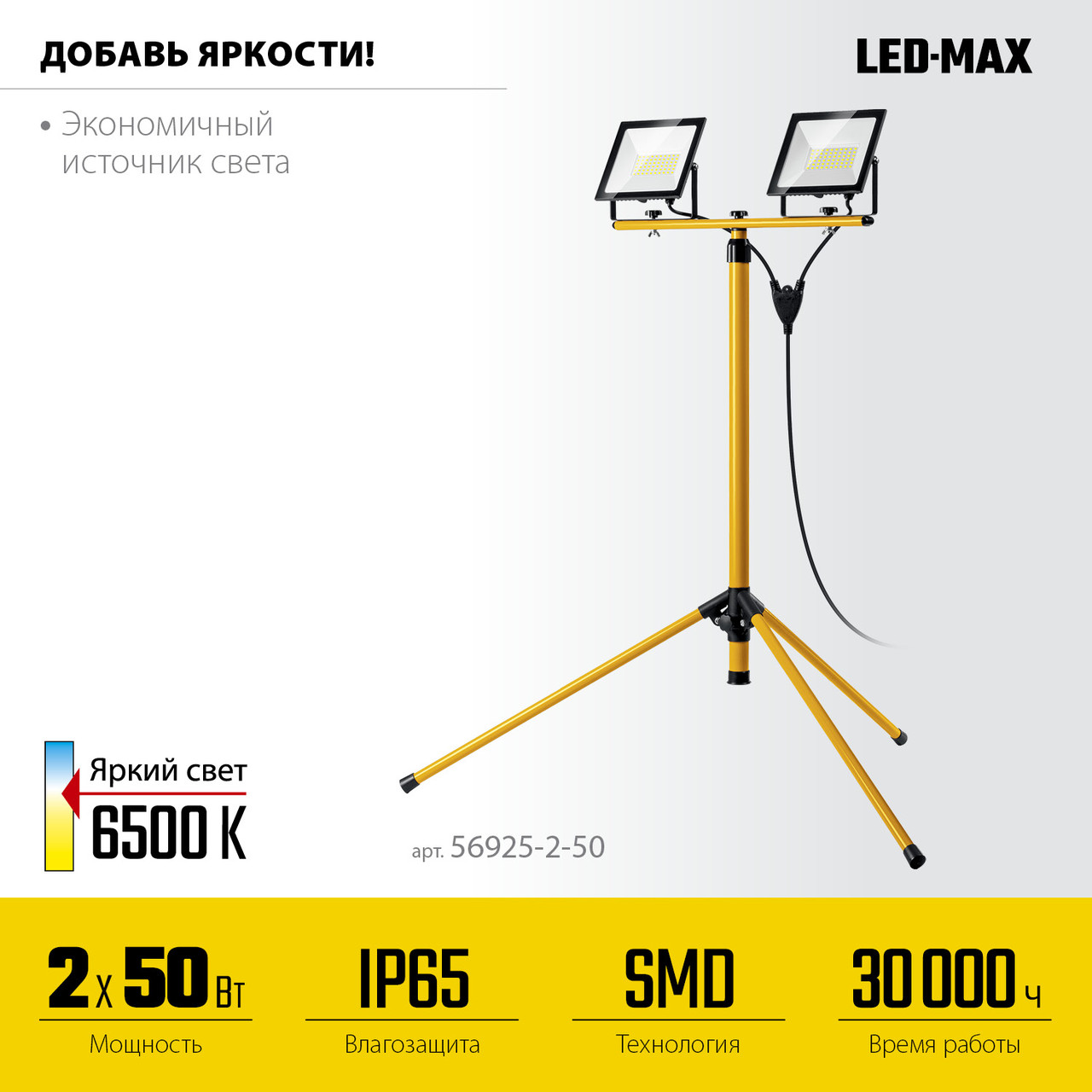 Stayer Прожекторы светодиодные на штативе 2х50Вт, 6500К, IP65, 1.6 м (56925-2-50) STAYER - фото 4 - id-p225567954