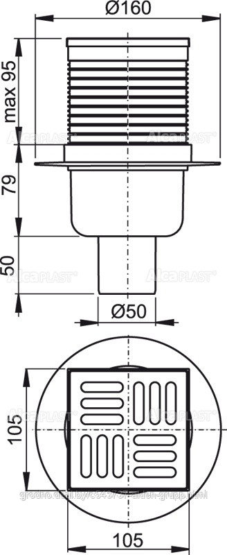 Сливной трап AlcaPlast APV32 105×105/50 мм прямой сток, решетка из нержавеющей стали, гидрозатвор - фото 2 - id-p225577260