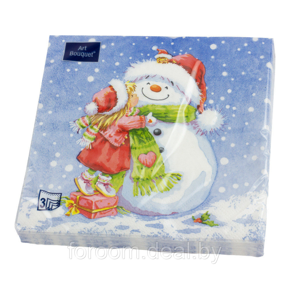 Салфетки бумажные "Девочка и снеговик" 33x33см, 3 слоя, 20шт. Bouquet Art 37493 - фото 1 - id-p225596700