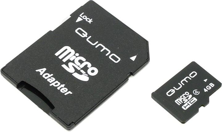 Карта памяти Qumo QM4GMICSDHC4 microSDHC 4Gb Class4 + microSD-- SD Adapter - фото 1 - id-p225599792