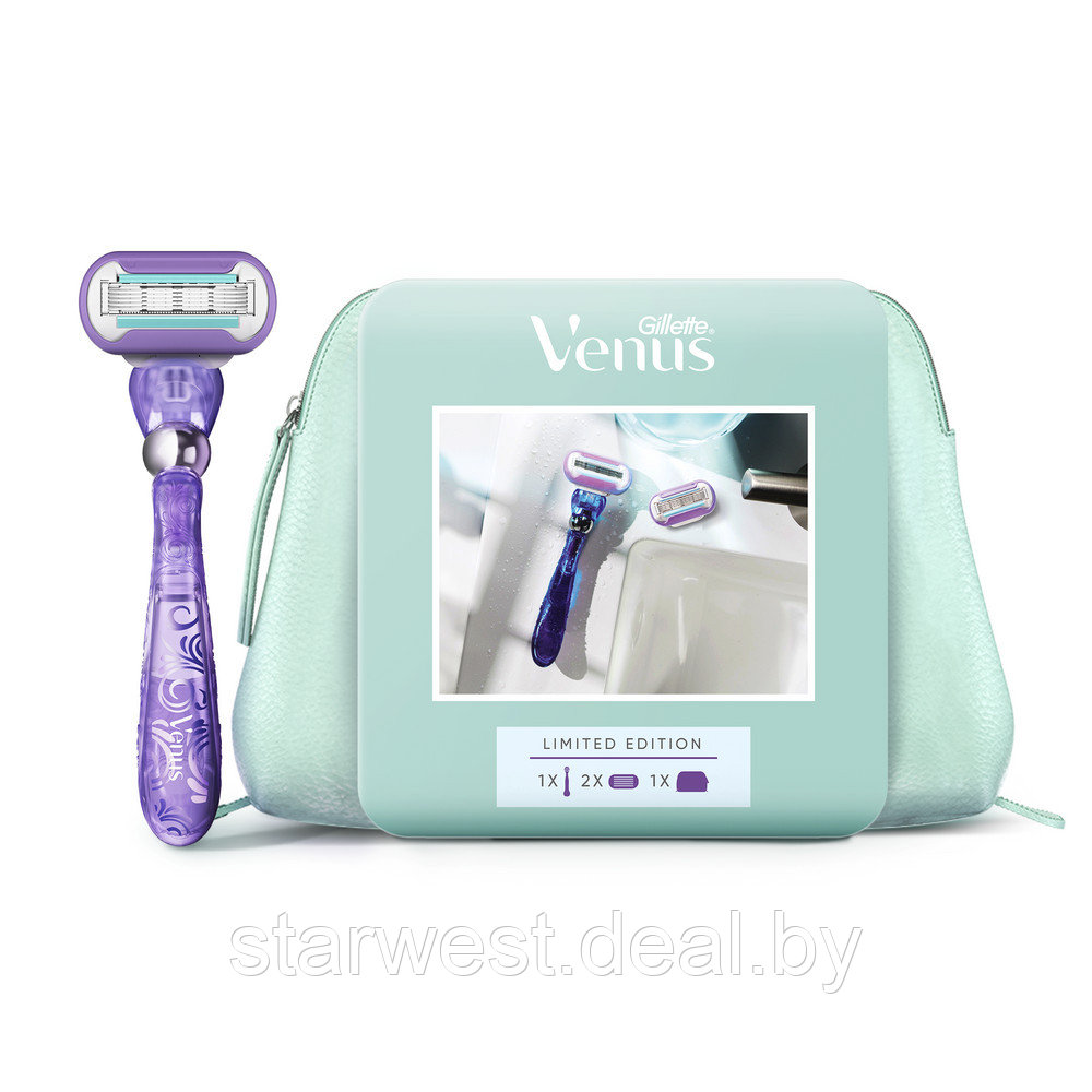 Gillette Venus Swirl Женский подарочный набор: Бритва / станок для бритья с 2 кассетами + Косметичка - фото 1 - id-p225671779