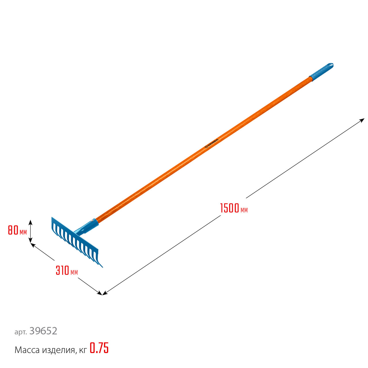 39652 Садовые грабли GRINDA PROLine PR-12S FIBER 12 прямых зубцов 310 х 80 х 1500 мм фиберглассовый черенок - фото 2 - id-p225674094