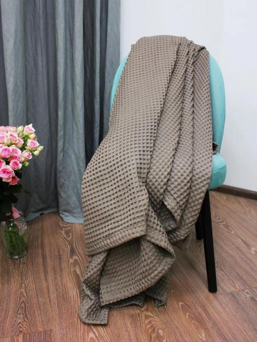 Вафельное одеяло полуторное Плед хлопковый в кубик 140х180 Накидка покрывало на кровать диван кресло мокко - фото 3 - id-p225742438