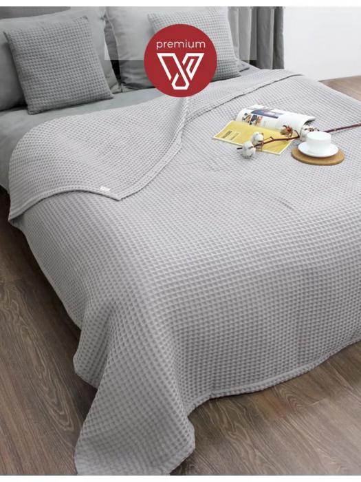 Вафельное одеяло полуторное Плед хлопковый в кубик 140х180 Накидка покрывало на кровать диван кресло серый - фото 8 - id-p225742439