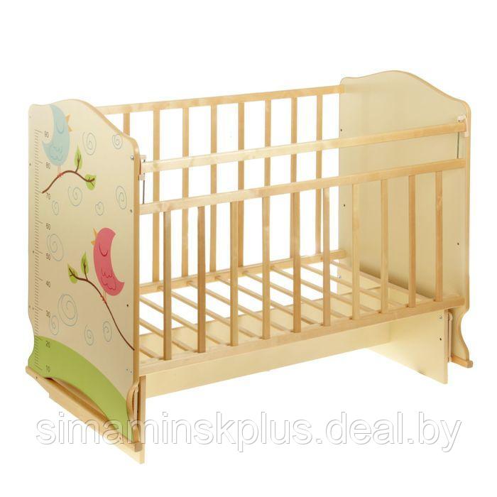 Кровать детская Морозко, колесо-качалка с маятником, Птички с ростомером, цвет клён/береза - фото 2 - id-p225760887