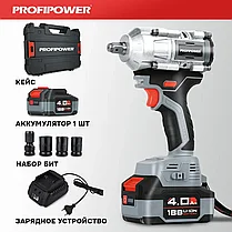 Гайковерт аккумуляторный бесщеточный ProfiPower T-500N (500 Нм, 1 АКБ 4 А/ч, кейс) E0185, фото 2