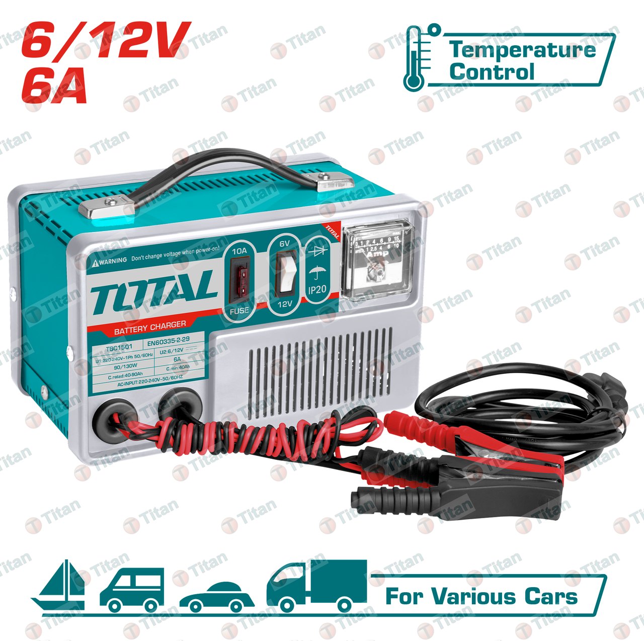 Зарядное устройство для аккумуляторов 6/12В, 6А, 40-90Ач, класс изоляции:H TOTAL - фото 1 - id-p225786624