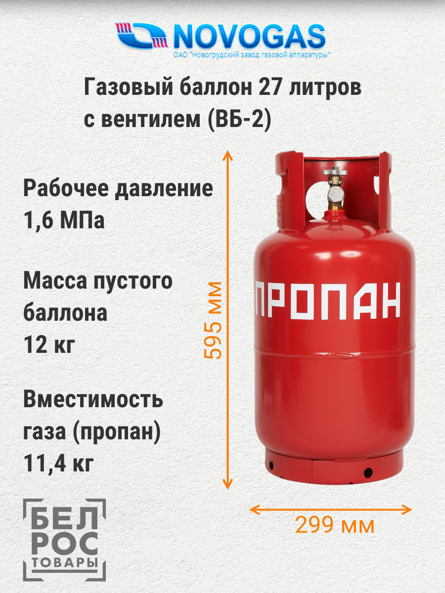 Баллон газовый 27 литров с вентилем (Пустой) - фото 2 - id-p225790788
