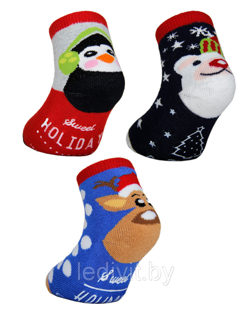 Махровые носки с антискользящей подошвой с новогодним принтом для детей - фото 1 - id-p225821877