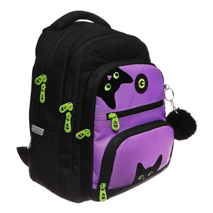 Рюкзак школьный, 39 х 30 х 19 см, Grizzly, эргономичная спинка, + брелок, чёрный/фиолетовый - фото 1 - id-p225831275