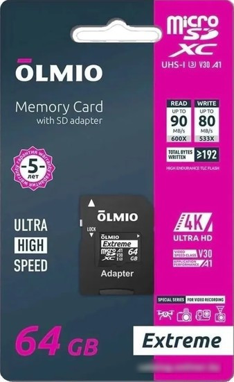 Карта памяти Olmio microSDXC 64GB Extreme UHS-I (U3) - фото 1 - id-p225833185