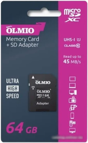 Карта памяти Olmio microSDXC 64GB UHS-I U3 - фото 1 - id-p225833186