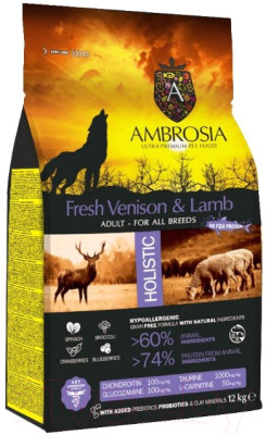 Сухой корм для собак Ambrosia Grain Free для всех пород с олениной и ягненком / U/AVL12 (12кг) - фото 1 - id-p225858011