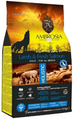 Сухой корм для собак Ambrosia Grain Free для всех пород с ягненком и лососем / U/ALS12 (12кг) - фото 1 - id-p225858095