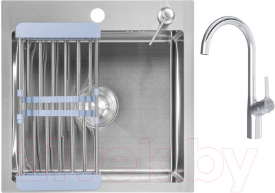 Мойка кухонная со смесителем Saniteco 4848 + Spike F9S07000 (хром, с сифоном, дозатором и коландером) - фото 1 - id-p225850301