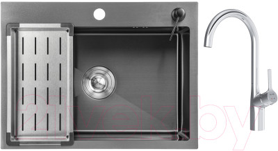 Мойка кухонная со смесителем Saniteco 6045 Nano + Spike F9S07000 (хром, с сифоном, дозатором и коландером) - фото 1 - id-p225848406