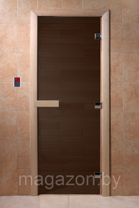 Дверь для бани и сауны 700х1700 DoorWood 8 мм, бронза мат, коробка ольха