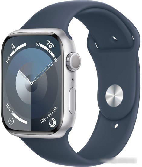 Умные часы Apple Watch Series 9 45 мм (алюминиевый корпус, серебристый/грозовой синий, спортивный силиконовый - фото 1 - id-p225885314
