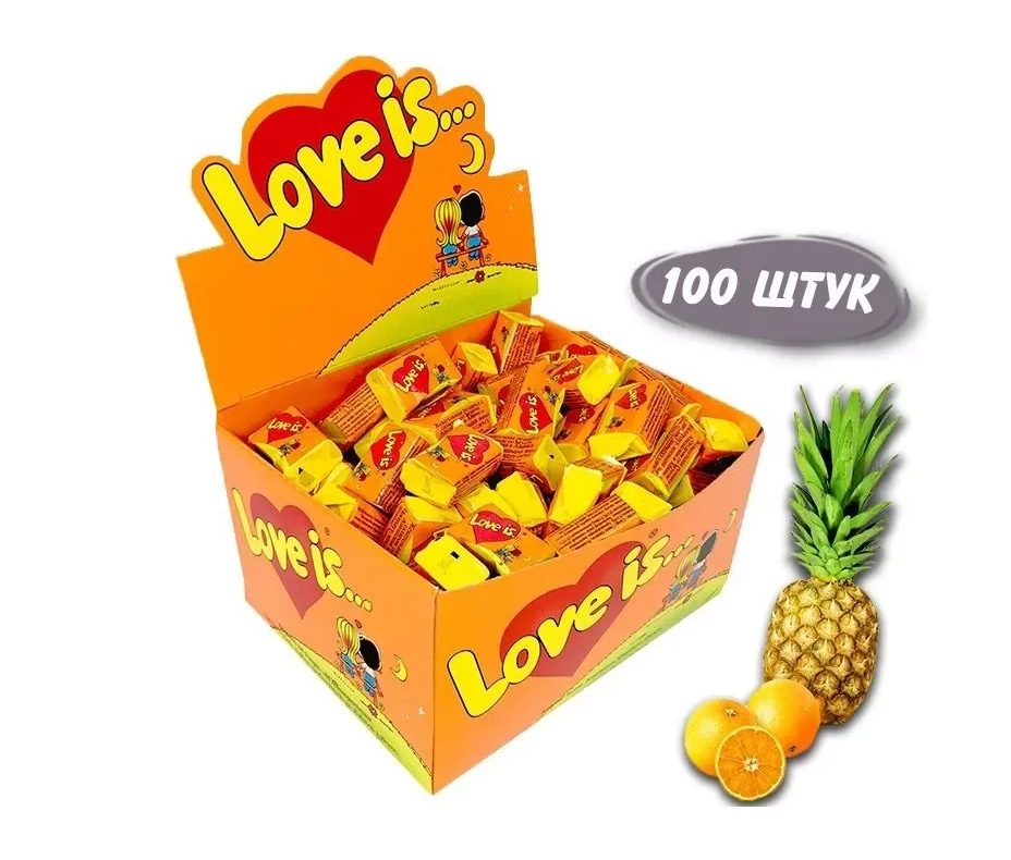 Блок жвачек Love is - Ананас - Апельсин. 100 шт х 4,2 гр - фото 1 - id-p225922657