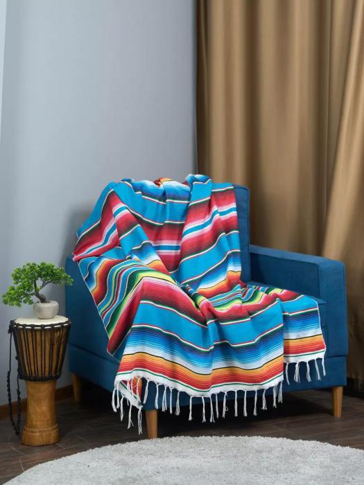 Мексиканское покрывало Плед 150х200 полуторный хлопковый на диван кровать кресло с кисточками бахрамой