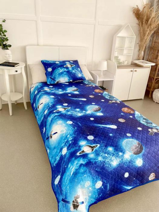 Покрывало космос детское полутороспальное 145x210 одеяло полуторное хлопок поплин гипоаллергенное синее - фото 3 - id-p225926086