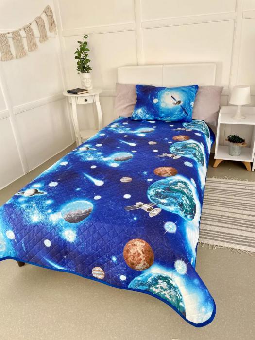 Покрывало космос детское полутороспальное 145x210 одеяло полуторное хлопок поплин гипоаллергенное синее - фото 1 - id-p225926406