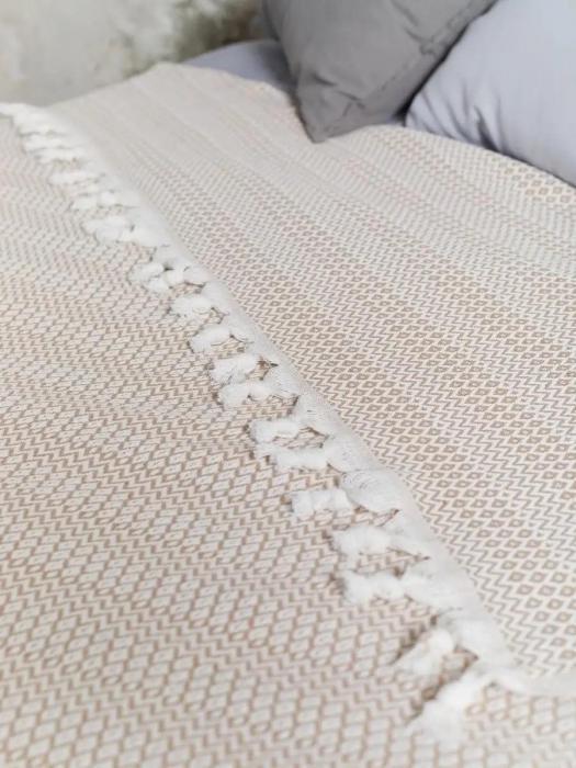 Покрывало на кровать диван 200х220 евро плед одеяло с кисточками бежевое хлопковое из поплина турецкое - фото 6 - id-p225926112