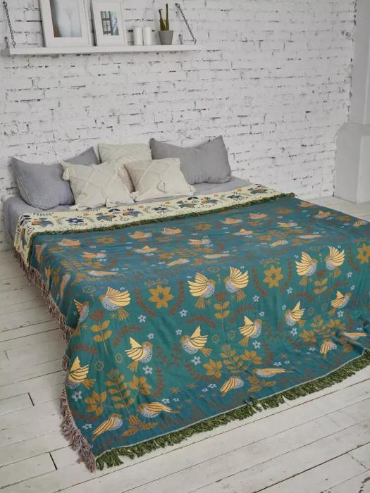 Марселевое покрывало 200х220 евро плед одеяло на кровать из муслина зеленое бежевое двусторонее с бахромой - фото 6 - id-p225926113
