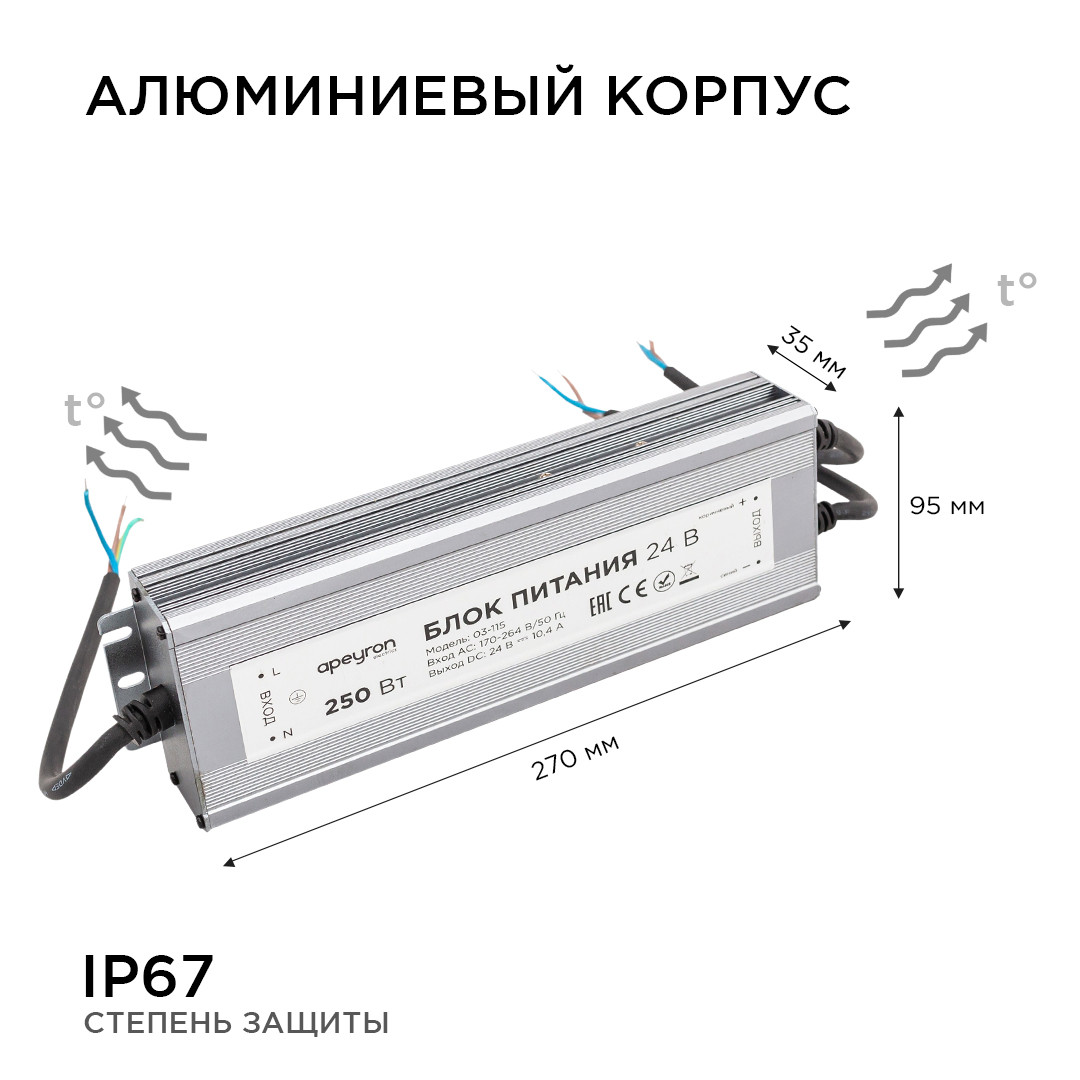 Блок питания 24В, 250Вт, импульсный, IP67, 175-265В, 10,4А, алюм., сереб., 270*95*35м - фото 2 - id-p224504234