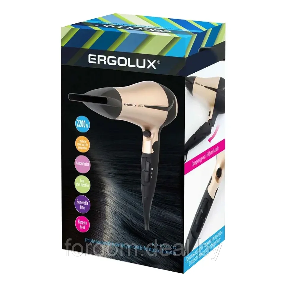 Фен со складной ручкой ELX-HD03-C64 черный/золото (2200Вт, 220-240В) ERGOLUX 12/24 - фото 2 - id-p225948665