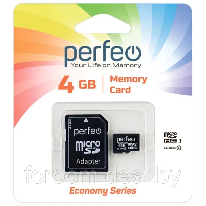 Карта памяти micro SDHC PERFEO 4GB (Class 10) + Adapter ECONOMY series 10/100 - фото 1 - id-p225947728