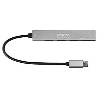 FORZA USB-хаб 4 в 1, 3xUSB 2.0, 1xMicro-SD, штекер Type-C, корпус металлик, пластик