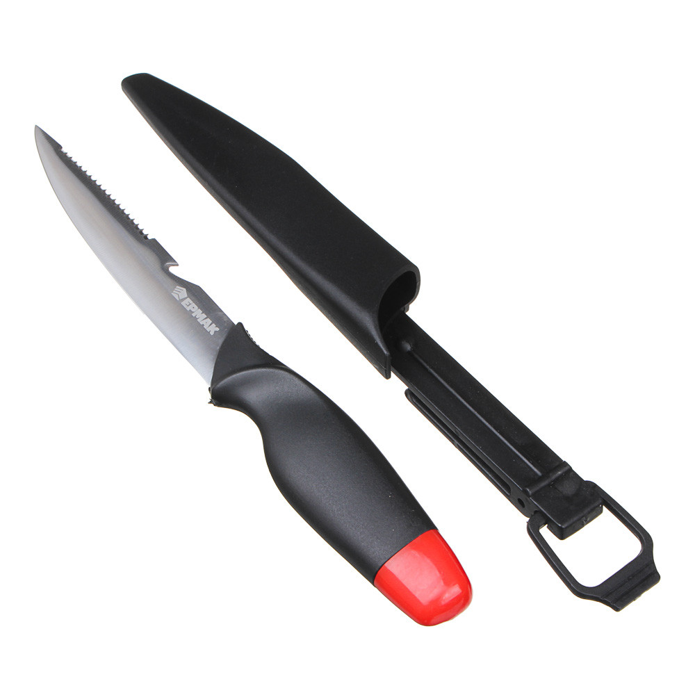 ЕРМАК Нож нетонущий для рыбалки и туризма c ножнами, нерж.сталь